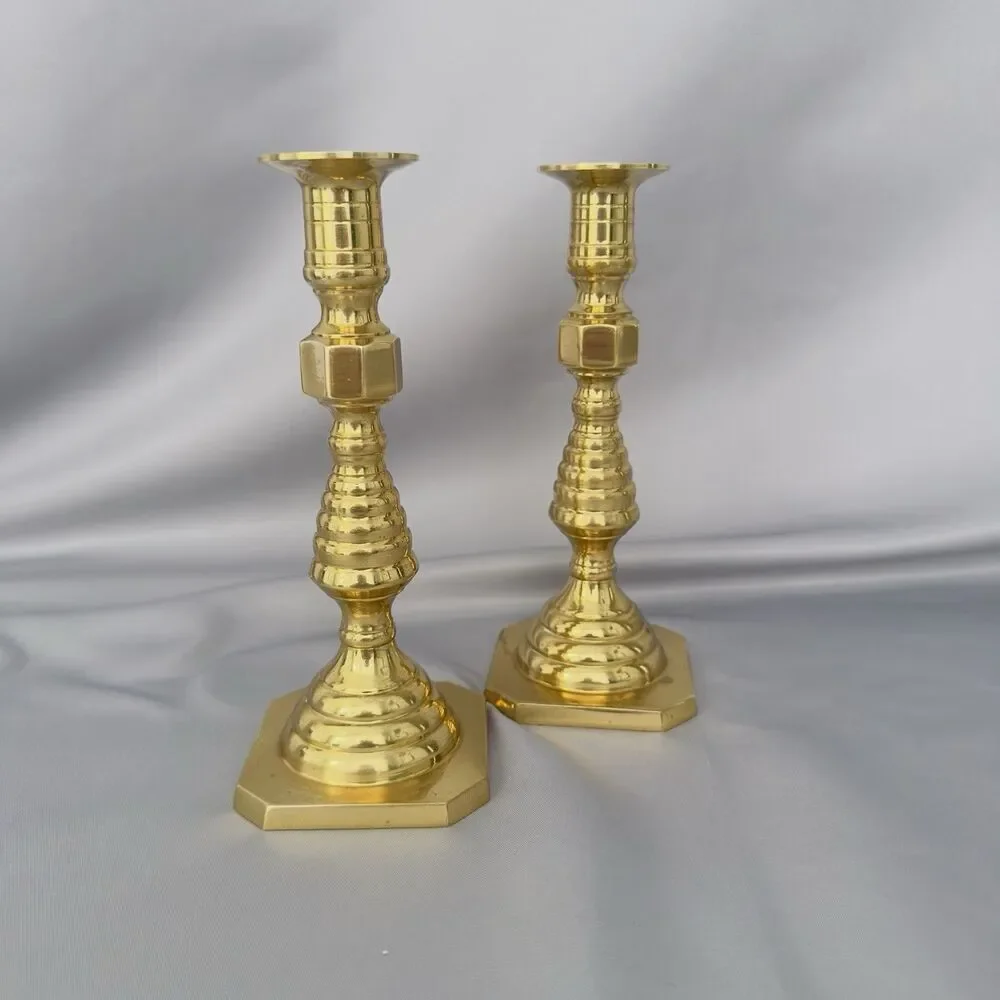 English Brass Beehive Candlesticks Diamond Pattern Victorian Style Pair Vtg